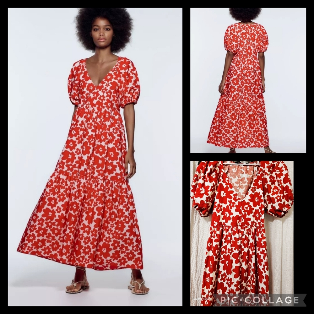 ZARA NEW Floral POPLIN DRESS WHITE/RED XS